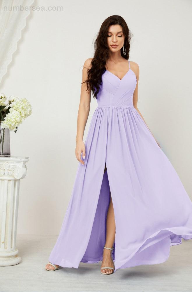 Robe de demoiselle d'honneur en mousseline de soie, longue, coupe trapèze, col en V, pour soirée de mariage, 2801 