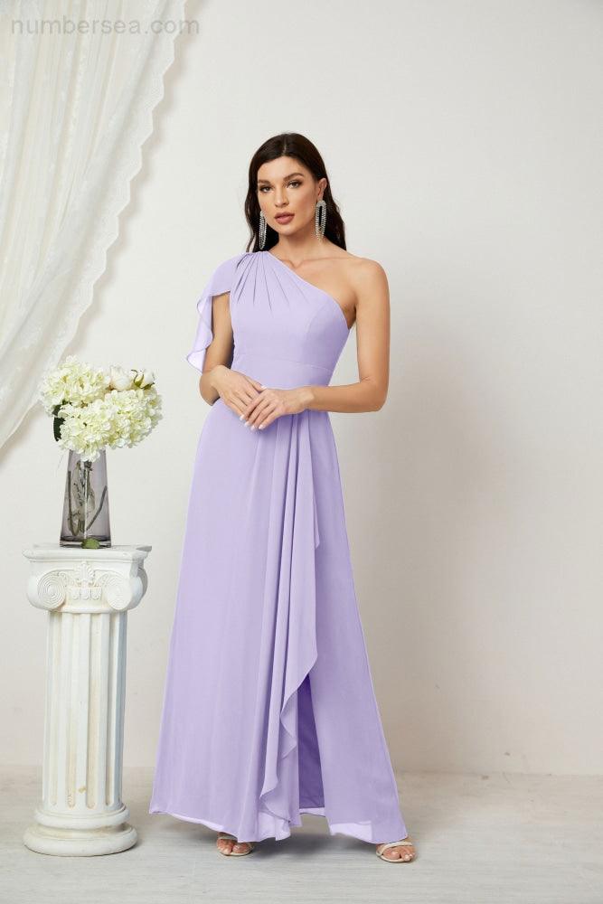 Baoleely  Chiffon Ruffled One Shoulder Long Bridesmaid Dresses A-line Formal Evening Gown Side Split 2809