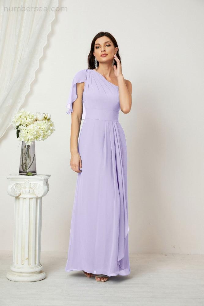 Baoleely  Chiffon Ruffled One Shoulder Long Bridesmaid Dresses A-line Formal Evening Gown Side Split 2809