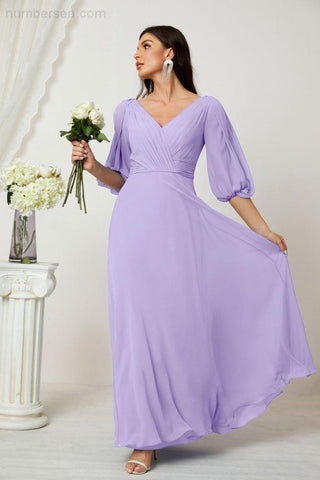 Baoleely  Formal Prom Gown Women V-Neck Chiffon Bridesmaid Dresses Long Bishop Sleeve Party Dress 2807