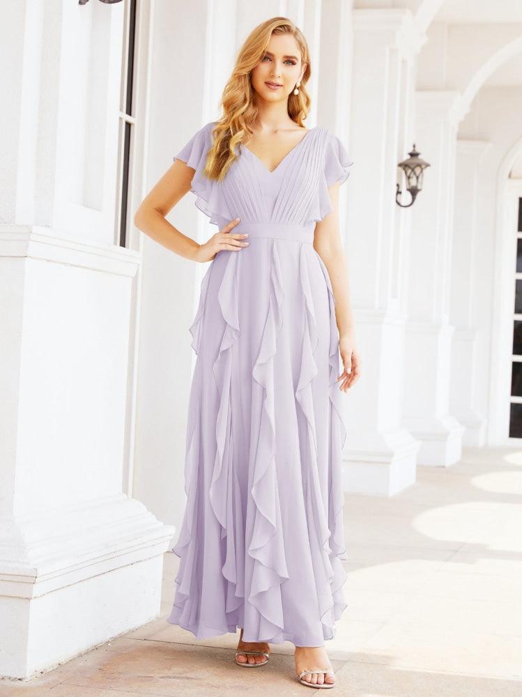 Ruffled Bridesmaid Dresses with Sleeves Long Formal Party Dress 28041