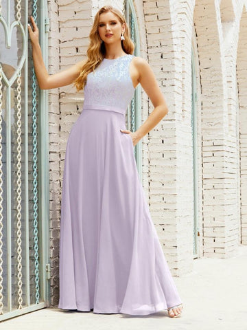 Vestido de dama de honor de encaje, largo hasta el suelo, con bolsillos, 28017 