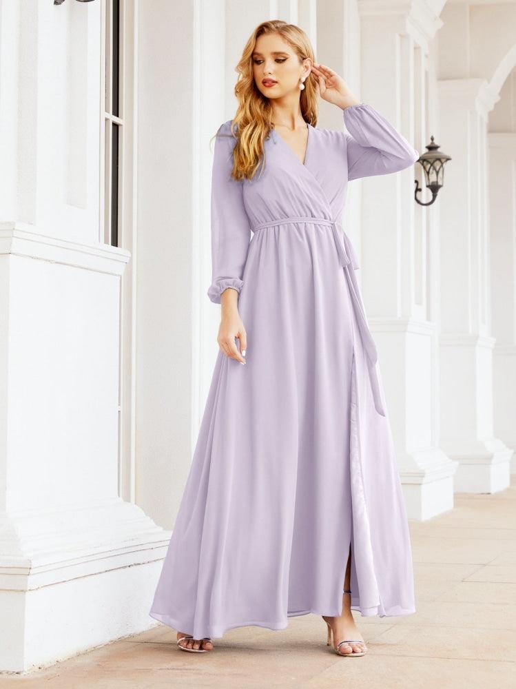 Vestido de dama de honor de gasa para mujer Sunderly, corte en A, manga larga, vestido de noche formal para invitada de boda SY28032 