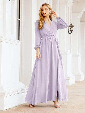 Sunnderly Women's Chiffon Bridesmaid Dress A line Long Sleeves Formal Evening Prom Gown for Wedding Guest SY28032