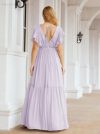 Baoleely Women's Open Back Formal Evening Party Prom Gowns V-Neck Long Chiffon Bridesmaid Dresses with Waist Belt 28038