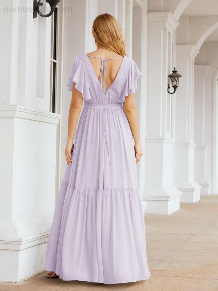 Baoleely Women's Open Back Formal Evening Party Prom Gowns V-Neck Long Chiffon Bridesmaid Dresses with Waist Belt 28038