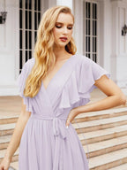 Baoleely Women's Open Back Formal Evening Party Prom Gowns V-Neck Long Chiffon Bridesmaid Dresses with Waist Belt 28038
