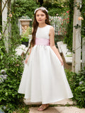 Vestido de novia de satén color marfil con lazo | Vestido de tul hasta el tobillo (010007314) 