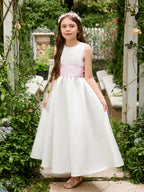 Vestido de novia de satén color marfil con lazo | Vestido de tul hasta el tobillo (010007314) 
