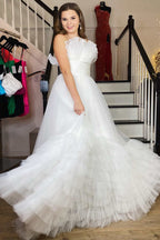 Vestido de fiesta largo de tul rosa sin tirantes, corte en A, con volantes