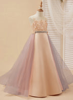 Vestido color champán de corte A con cola de tul satinado (010226776) 