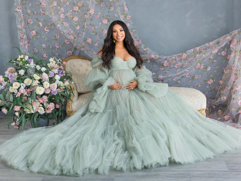 Elegante vestido de maternidad de tul para sesión de fotos, bata de novia con mangas abullonadas con volantes, vestidos de maternidad verdes para fotografía de embarazo
