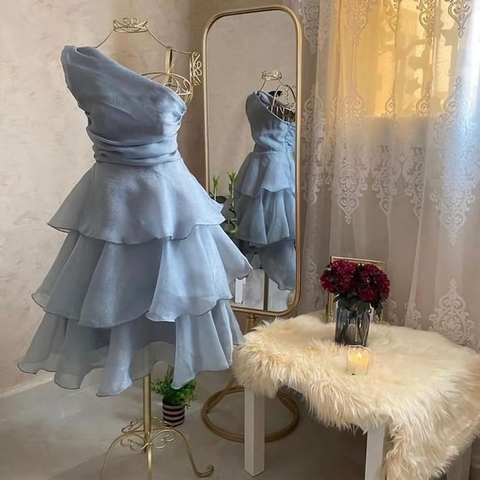 Robe de bal élégante asymétrique bleue, coupe trapèze, mini-robe de soirée Y7665