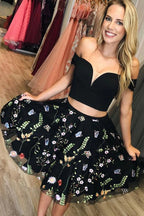 Vestidos negros de dos piezas bordados con hombros descubiertos para fiestas/regreso a casa