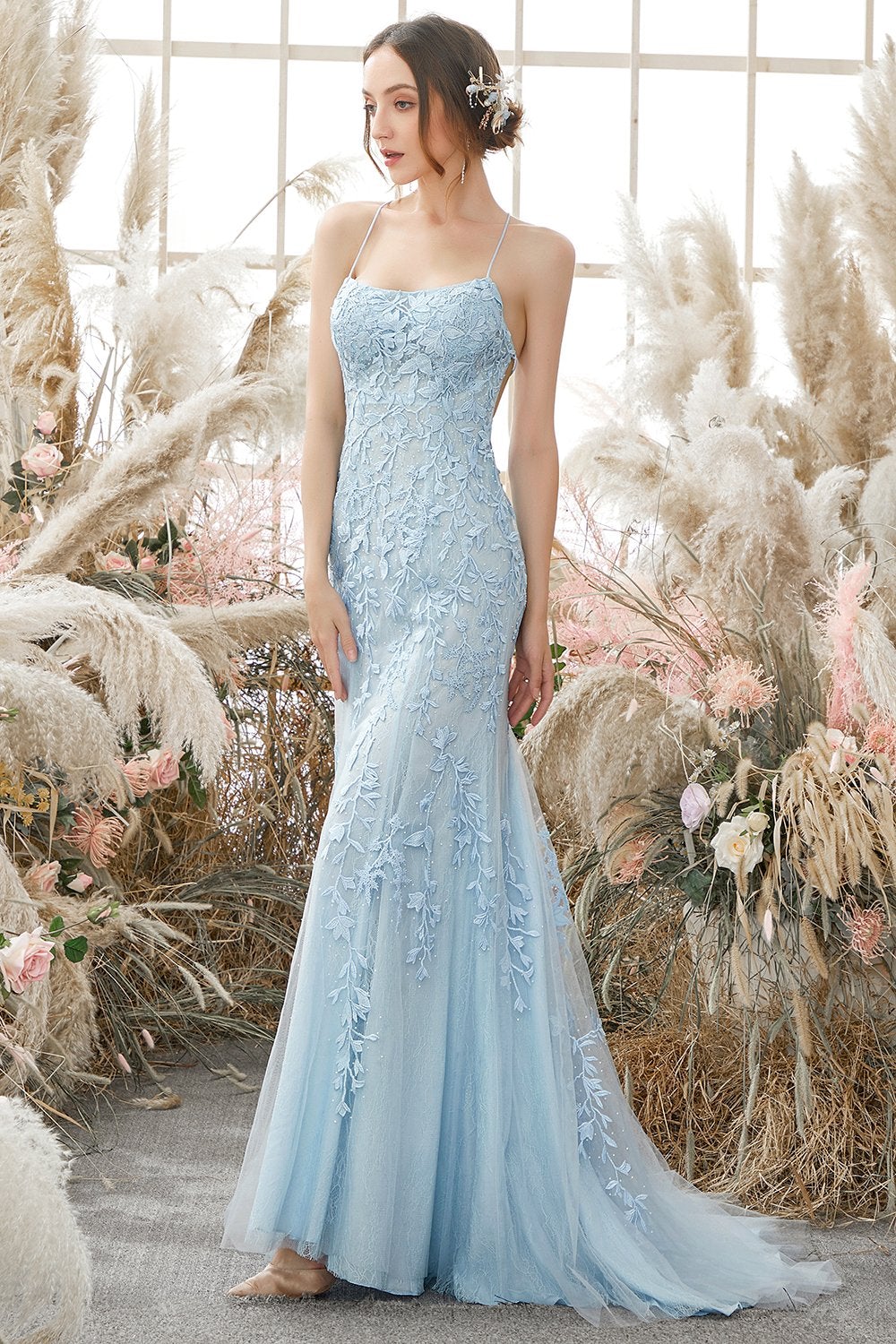 Robe de bal longue sirène violet clair avec appliques
