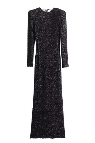 Robes de soirée élégantes à sequins unis dos nu et col rond 