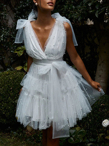 TARUXY Solid Mesh Splice Bow Mini Dress For Women Pearl Sleeveless Sexy Plunge V Neck Solid Elegant Party Evening Dress Female