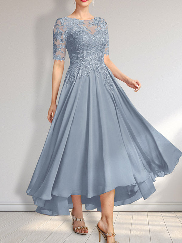 Robe de mère de la mariée asymétrique en mousseline de soie et dentelle, coupe trapèze, décolleté illusion, ornée de sequins 
