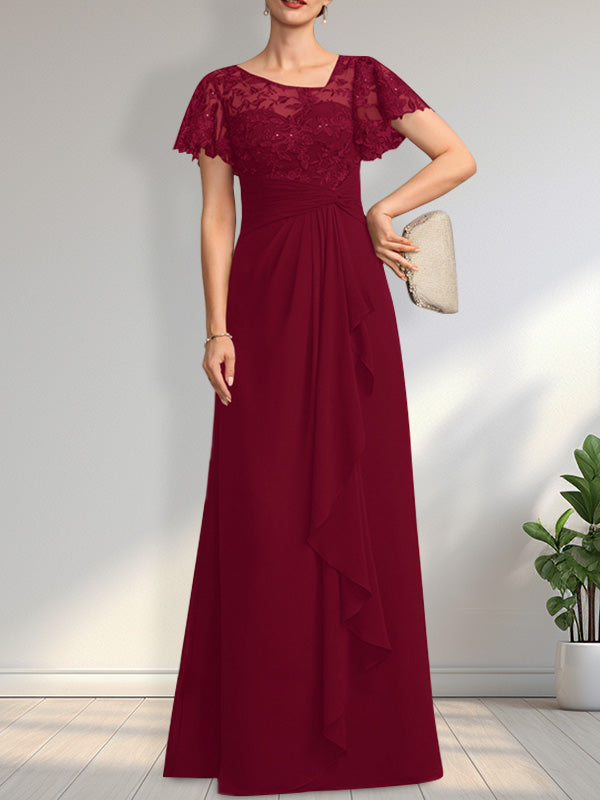 Robe de mariée asymétrique en mousseline de soie et dentelle, coupe trapèze, longueur au sol, avec volants et sequins en cascade, idéale pour la mère de la mariée.