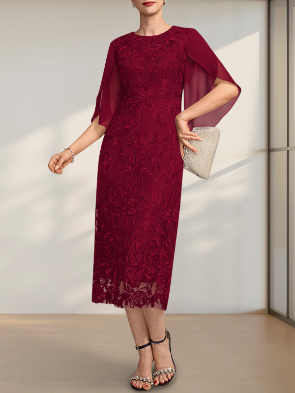 Vestido de novia de gasa de encaje, corte recto/columna, largo hasta la rodilla, con escote redondo.