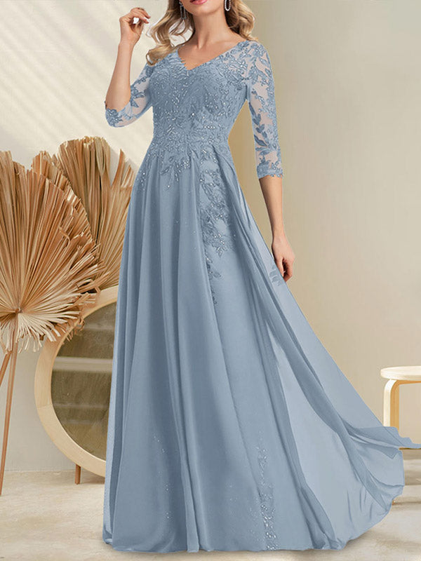 Vestido de novia de corte A, escote en V, largo hasta el suelo, de gasa de encaje con lentejuelas para la madre de la novia