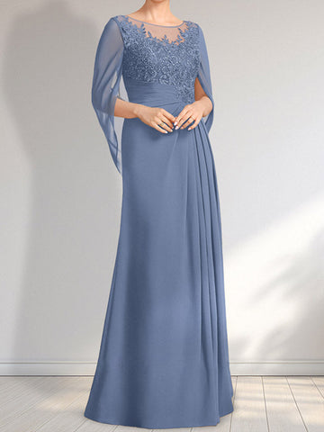 Vestido de novia de corte A, escote redondo ilusión, largo hasta el suelo, de gasa de encaje con lentejuelas plisadas.