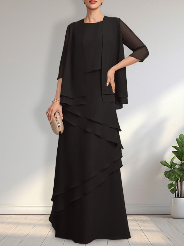 Vestido de gasa de corte recto y escote redondo hasta el suelo para la madre de la novia