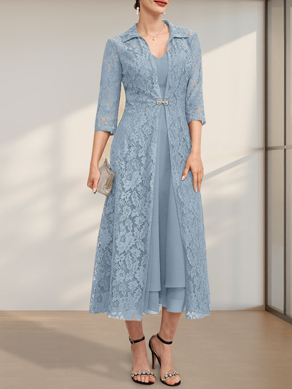 Vestido de chifón de corte A con escote en V y largo hasta la rodilla para la madre de la novia