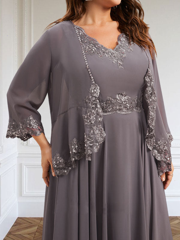 Vestido de corte A, escote en V, largo hasta el tobillo, de gasa, para la madre de la novia, con apliques de lentejuelas, encaje y pedrería.