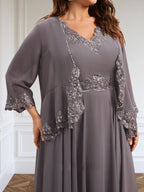 Vestido de corte A, escote en V, largo hasta el tobillo, de gasa, para la madre de la novia, con apliques de lentejuelas, encaje y pedrería.