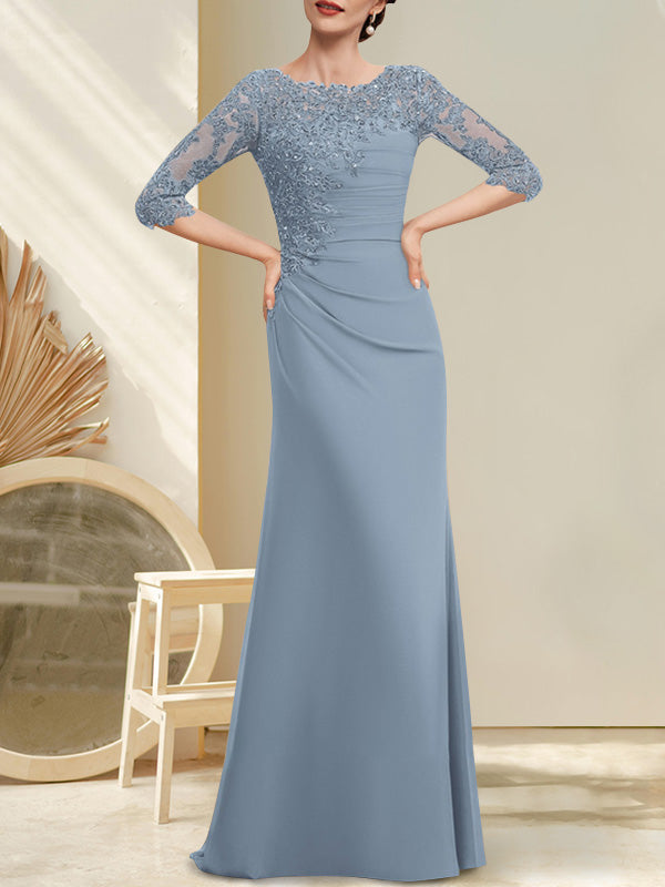Vestido de corte A, escote redondo, largo hasta el suelo, de gasa, encaje, con cuentas, lentejuelas plisadas, para la madre de la novia.