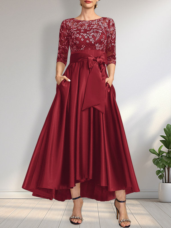 Vestido de madrina de la novia, corte asimétrico, escote ilusión, satén y encaje, con lazo.