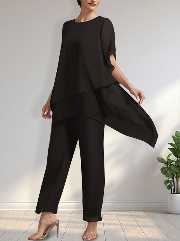 Vestido de gasa de dos piezas para la madre de la novia: mono/traje pantalón con escote redondo y largo hasta el tobillo.