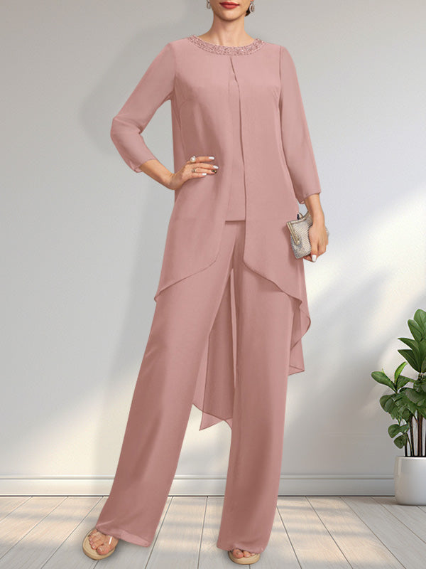 Vestido de dos piezas para la madre de la novia: mono/pantalón de gasa con escote redondo y largo hasta el suelo, adornado con lentejuelas y pedrería.