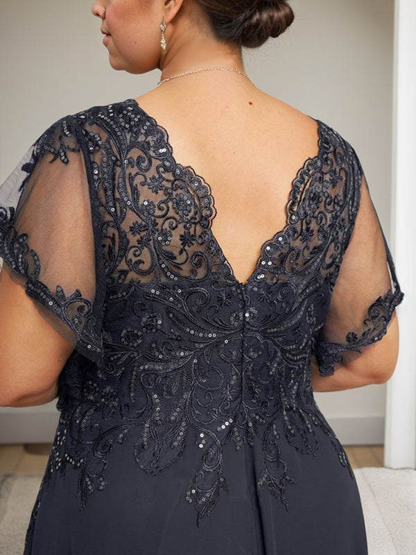 Vestido de novia de corte A, escote en V, largo hasta el suelo, de gasa de encaje con lentejuelas para la madre de la novia 