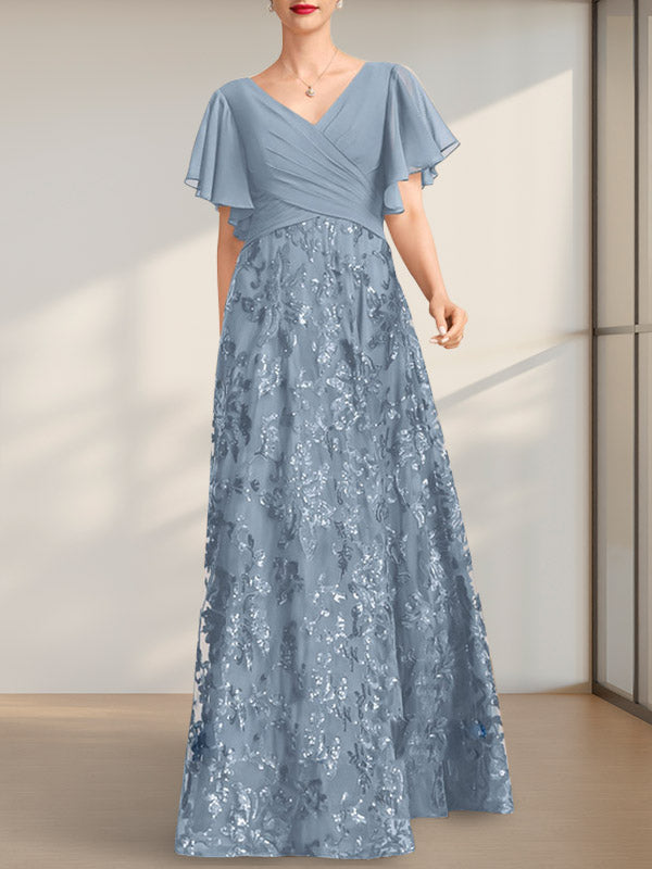 Vestido de novia de corte A, escote en V, largo hasta el suelo, de encaje, lentejuelas y gasa, con pliegues.