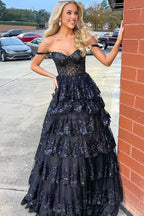 Vestido de graduación de princesa con hombros descubiertos, lentejuelas y encaje