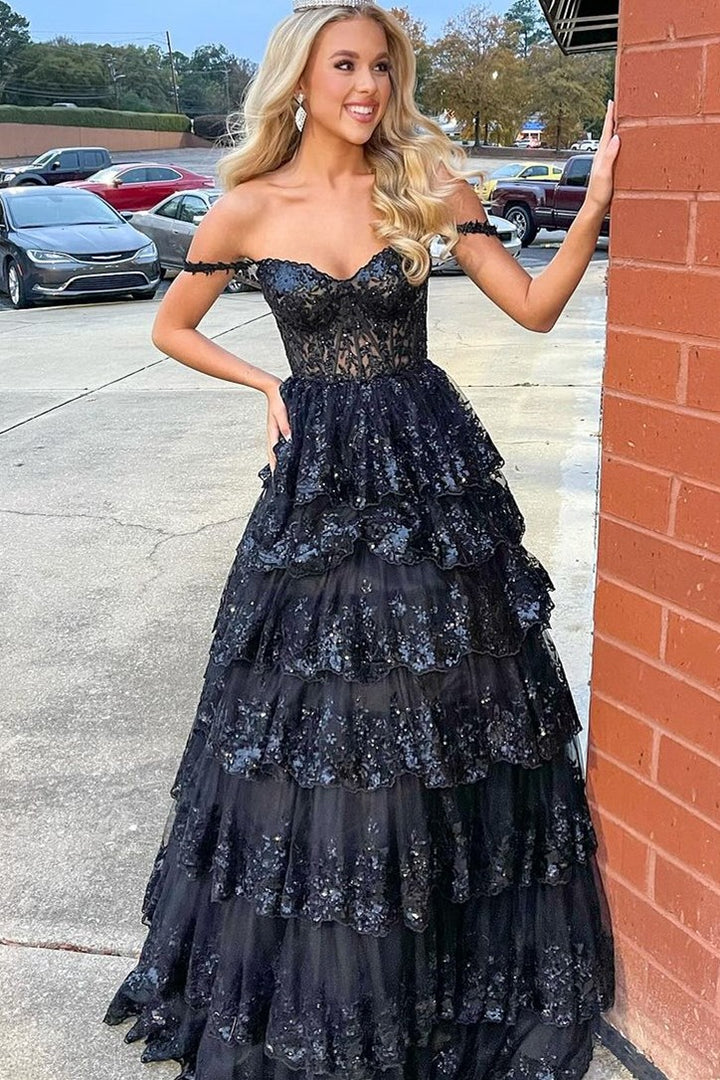 Vestido de graduación de princesa con hombros descubiertos, lentejuelas y encaje