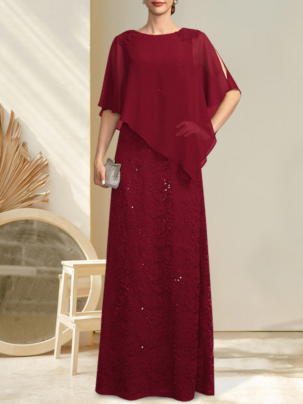 Robe fourreau/colonne longue en mousseline de soie et dentelle, ornée de sequins et de perles, pour la mère de la mariée.