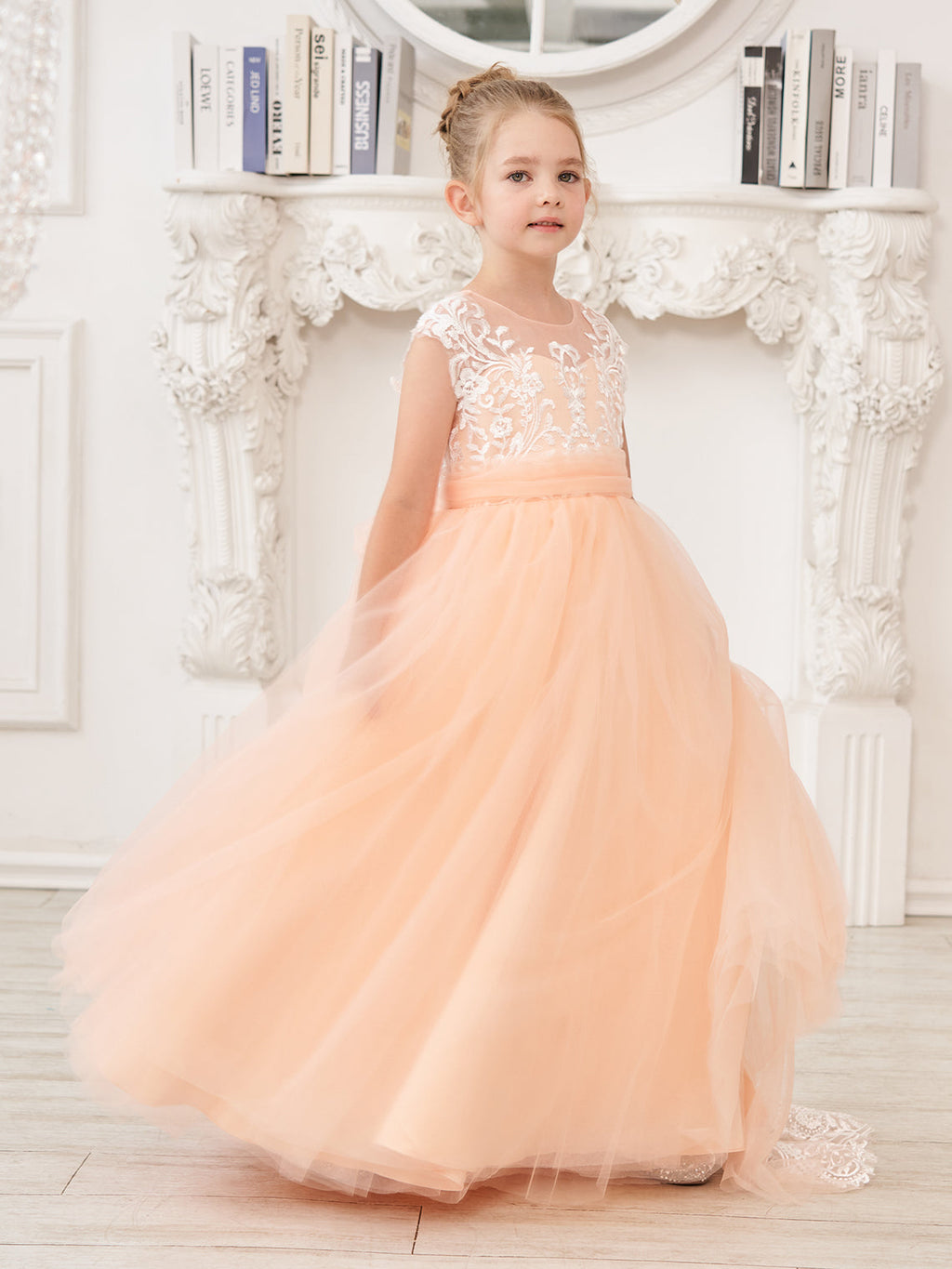 Vestido rosa de niña de las flores, corte en A, encaje, tul y cola corta 