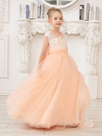 Vestido rosa de niña de las flores, corte en A, encaje, tul y cola corta 