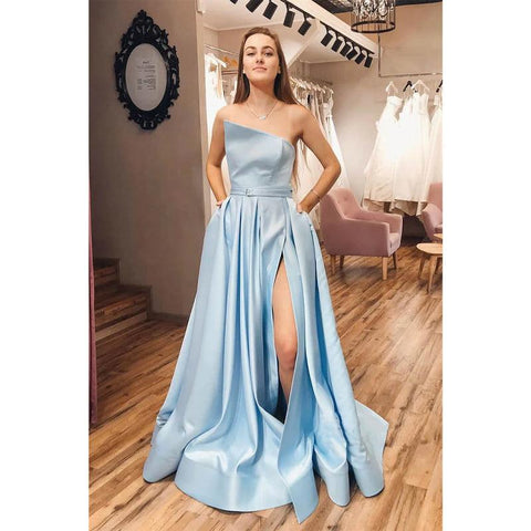 Sky Blue Satin Strapless A-line Split Long Prom Dress with Pockets