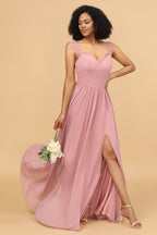 Robe de demoiselle d'honneur longue en mousseline rose poudré avec dentelle