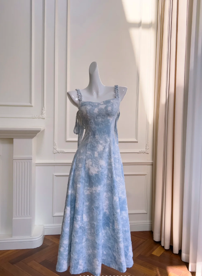 Vestido de fiesta largo de satén azul hada, corte en A, modelo Y8576