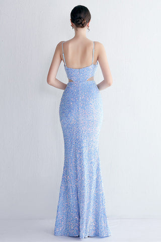 Vestido largo de fiesta negro con lentejuelas, estilo sirena, escote halter y abertura en forma de ojo de cerradura