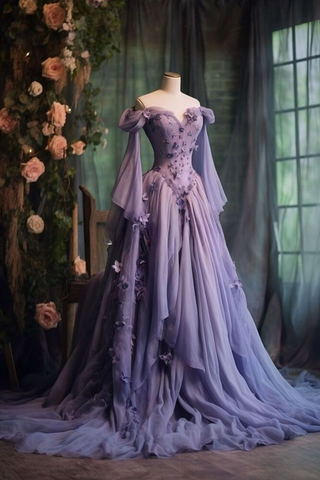 Robe de bal en tulle violet à une épaule, manches longues, style féerique, ornée d'appliqués floraux 3D (Y7605)