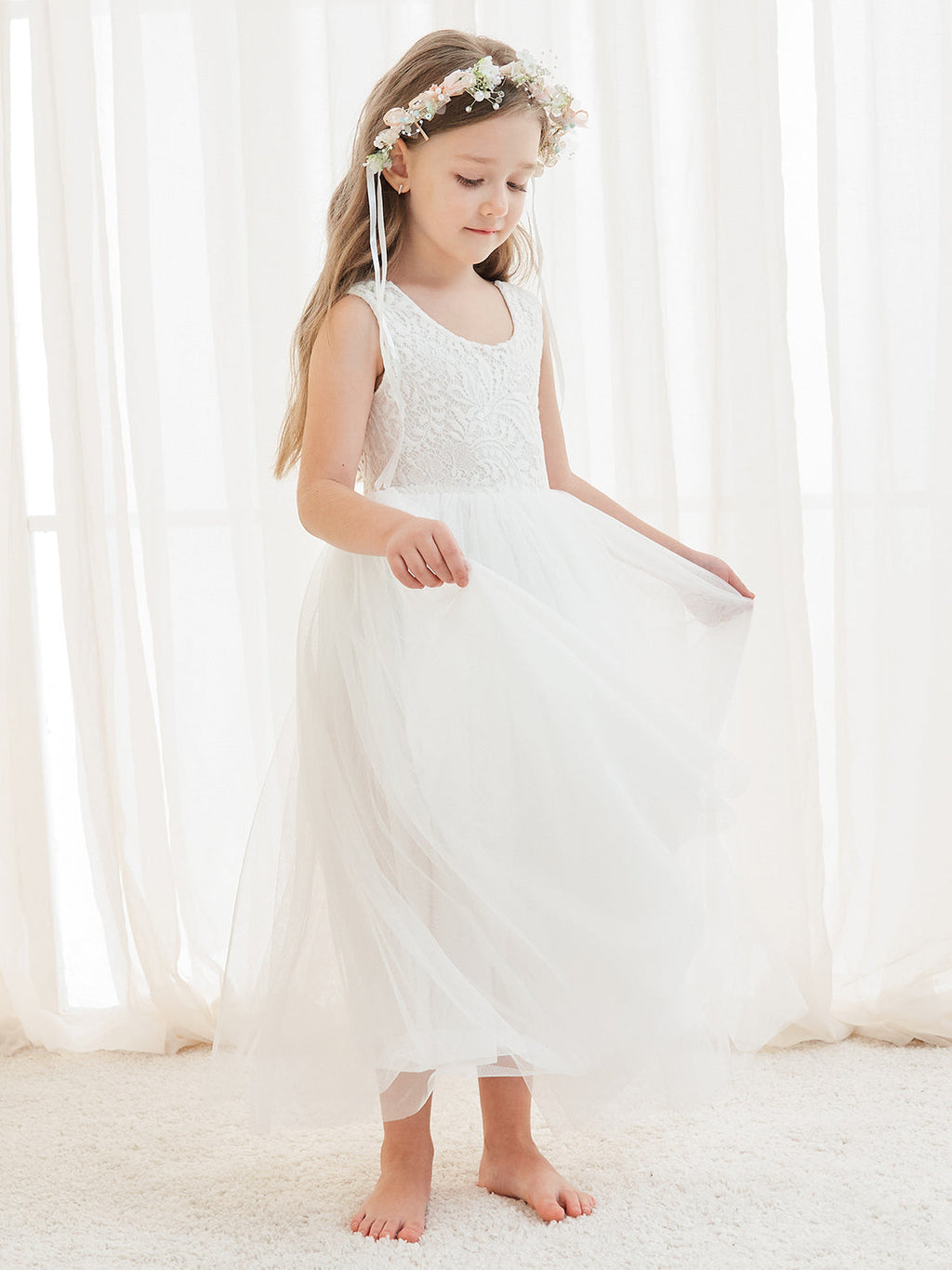 Vestido blanco de tul y encaje de corte A hasta el tobillo (2003227597) 