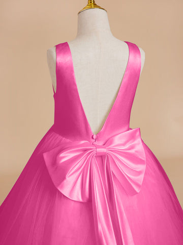 Vestido clásico blanco de corte A sin mangas para niña de las flores, de satén y tul 