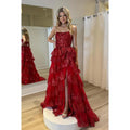Vestido de fiesta glamuroso y dramático con hombros descubiertos, brillante, corte A, sin mangas y abertura