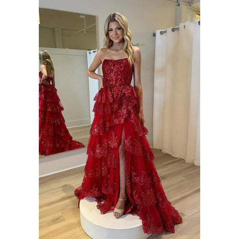 Robe de bal de fin d'année scintillante, sans manches, à épaules dénudées et fente latérale